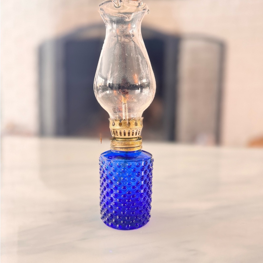 Vintage Blue Glass Oil Lamp